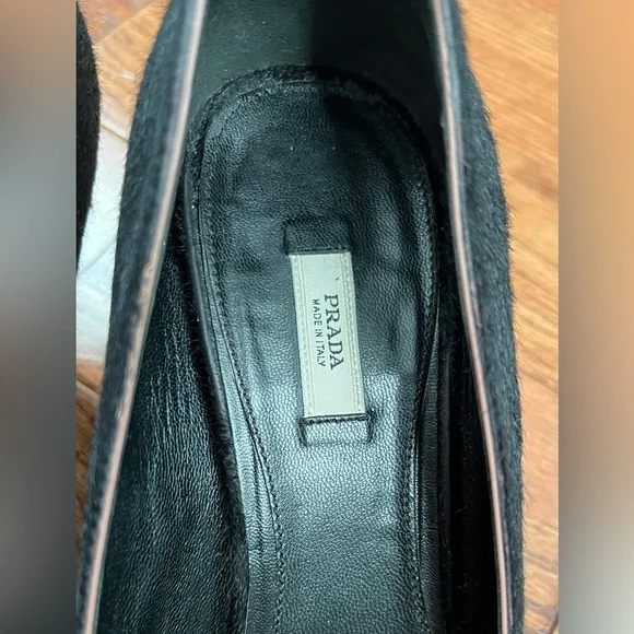 PRADA - Glossy Black Buckle Pointed Toe Pony Hair Low Heel Pumps Sz 41 US 11 - Picture 8 of 12